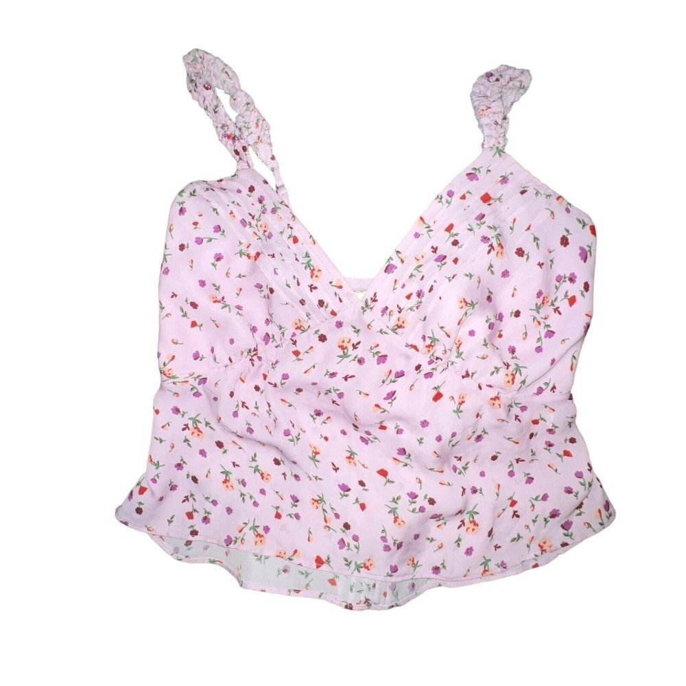 NICHOLAS‎ PINK FLORAL CROPPED CAMI TANK TOP RUFFLED ADJUSTABLE STRAPS WOMEN XXS